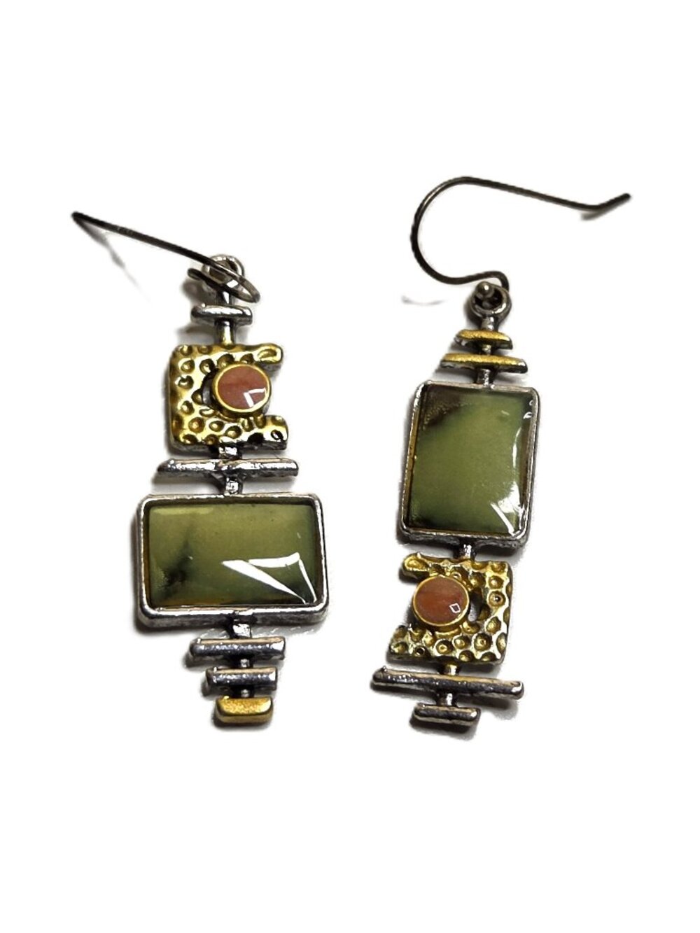 Silver Tone Green Red Enamel Drop Dangle Boho Earrings